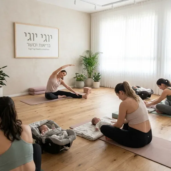 אמהות חדשות מתרגלות יוגה לאחר לידה עם תינוקות בסביבה